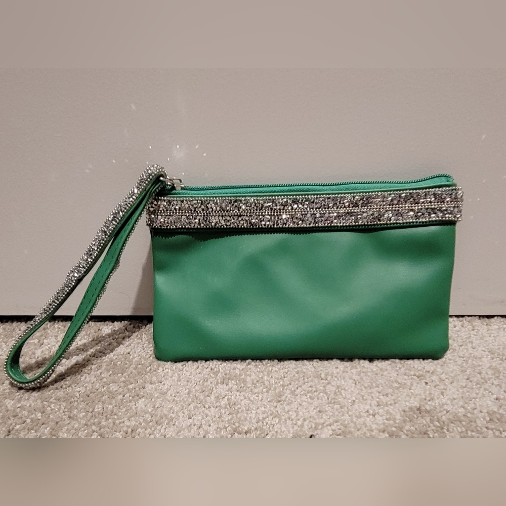 Green Clutch with Glittery Embellishment and Wrist Strap